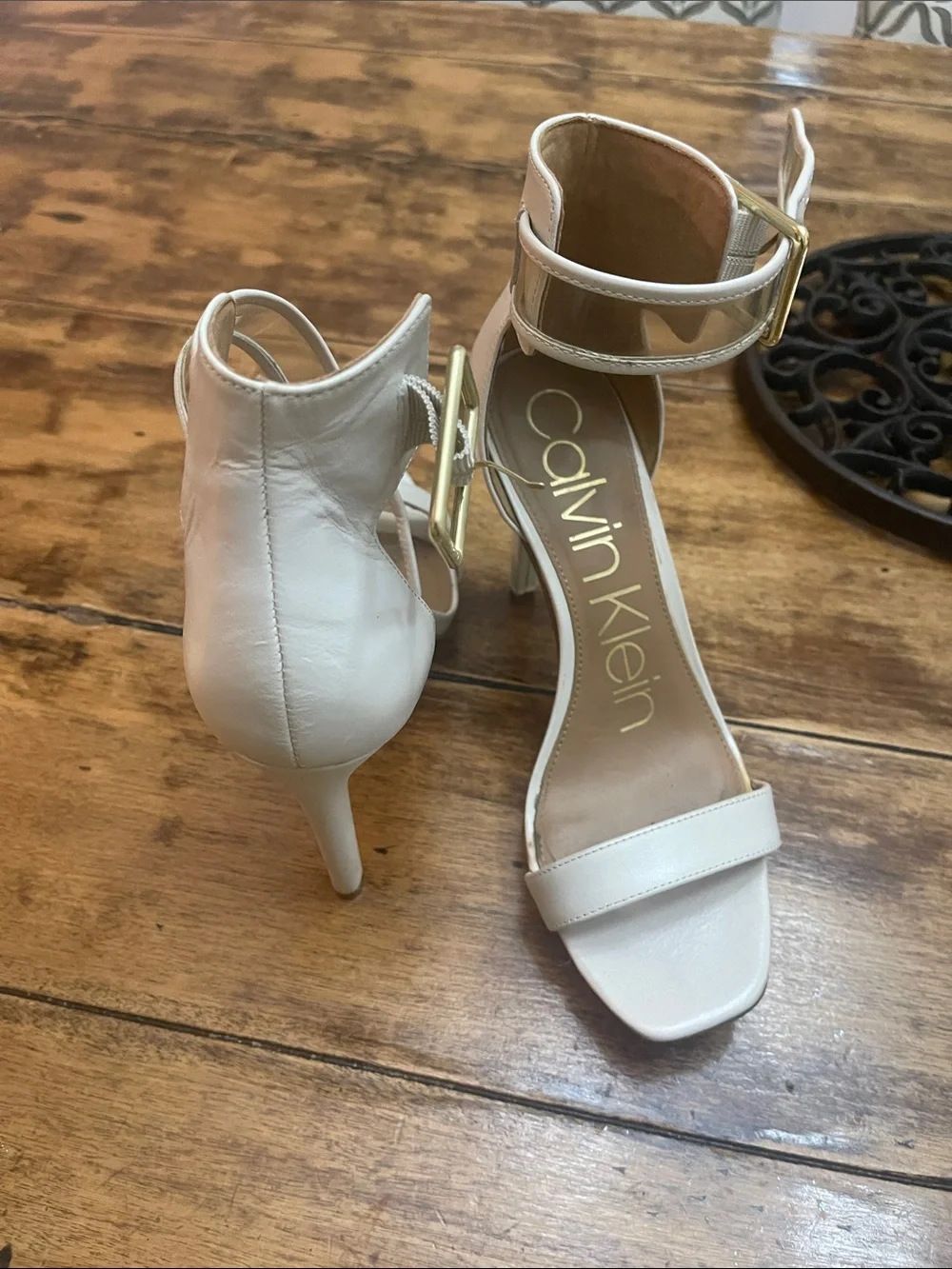 Calvin Klein White Strappy Ankle-Buckle High Heel Sandals